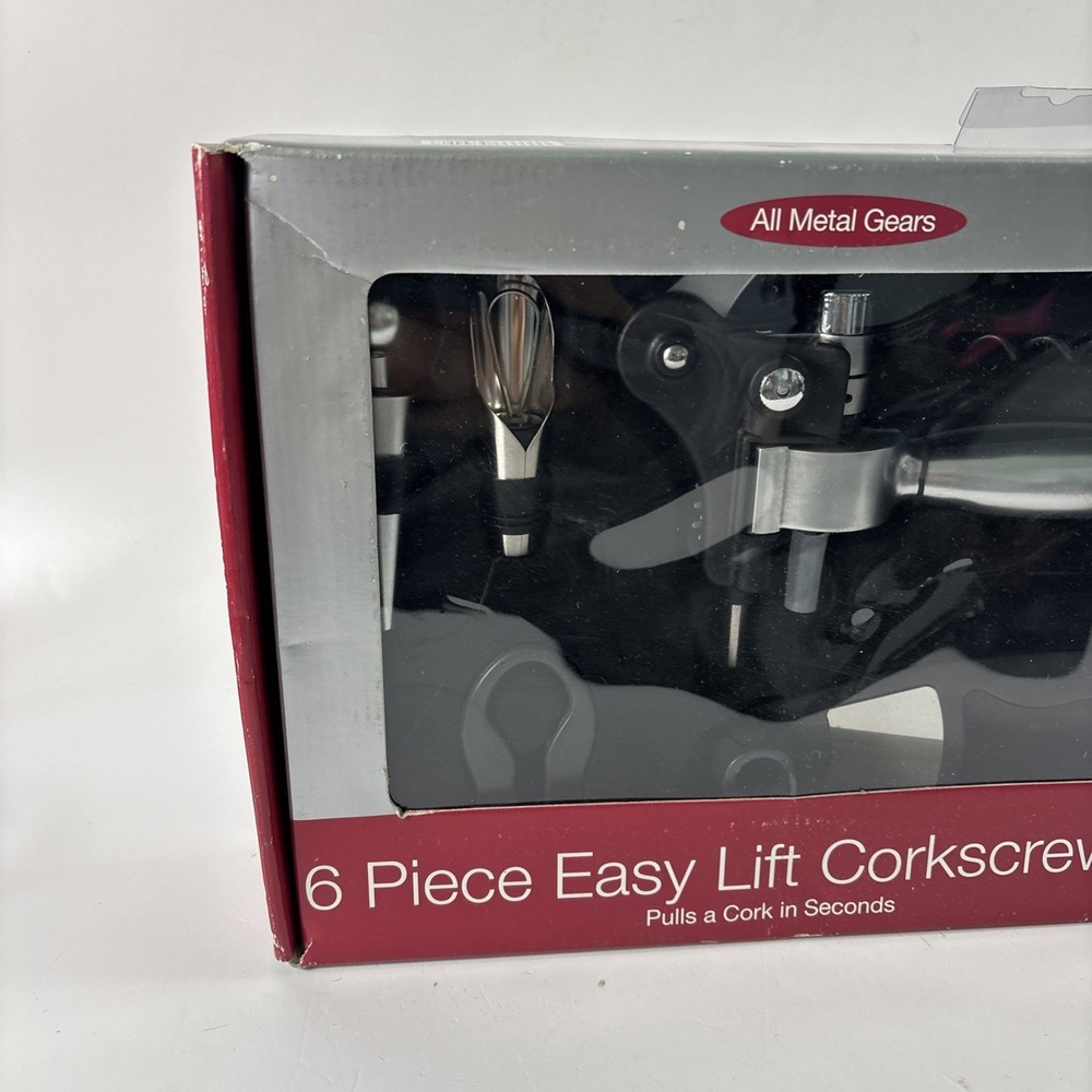 NIB! 6 Piece Easy Lift Corkscrew Set Pulls Corks in Seconds All Metal Gears - Picture 4 of 6